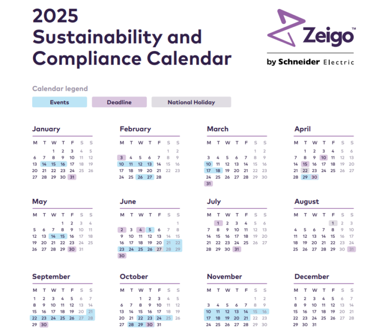 2025 Sustainability and Compliance Calendar-- image of calendar with some dates highlighted with different colors.